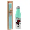 Easter Set, Metallic green/white thermos (Stainless steel), double-walled, 500ml & scented flat Easter candle (30cm) (TURQUOISE)