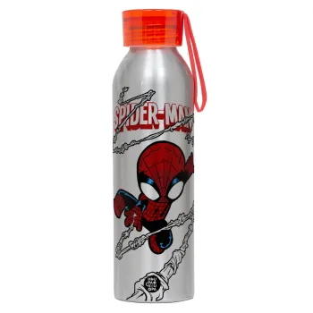 Spiderman kid, Αλουμινένιο Αθλητικό Μπουκάλι 650ml – Ασημί με Κόκκινο Καπάκι και Λουράκι Σιλικόνης