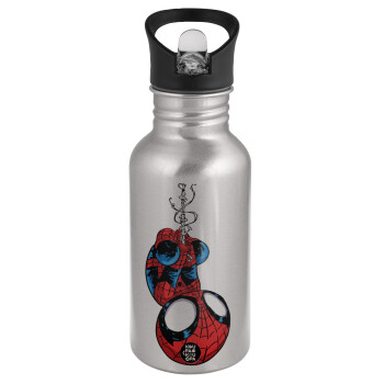 Spiderman upside down, Water bottle Silver with straw, stainless steel 500ml