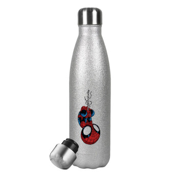 Spiderman upside down, Metallic Glitter Silver Thermos Flask (Stainless steel), double-walled, 500ml
