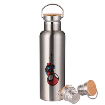 Spiderman upside down, Μεταλλικό παγούρι θερμός (Stainless steel) Ασημένιο με ξύλινο καπακι (bamboo), διπλού τοιχώματος, 750ml
