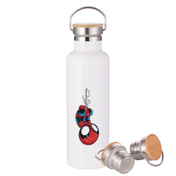 Spiderman upside down, Μεταλλικό παγούρι θερμός (Stainless steel) Λευκό με ξύλινο καπακι (bamboo), διπλού τοιχώματος, 750ml