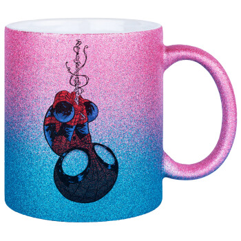 Spiderman upside down, Κούπα Χρυσή/Μπλε Glitter, κεραμική, 330ml