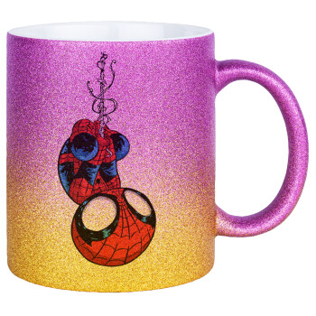 Spiderman upside down, Κούπα Χρυσή/Ροζ Glitter, κεραμική, 330ml