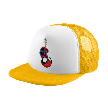 Spiderman upside down, Καπέλο Ενηλίκων Soft Trucker με Δίχτυ Κίτρινο/White (POLYESTER, ΕΝΗΛΙΚΩΝ, UNISEX, ONE SIZE)