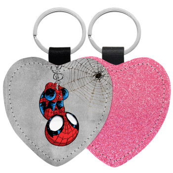 Spiderman upside down, Μπρελόκ PU δερμάτινο glitter καρδιά ΡΟΖ