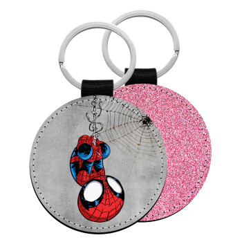 Spiderman upside down, Μπρελόκ Δερματίνη, στρογγυλό ΡΟΖ (5cm)