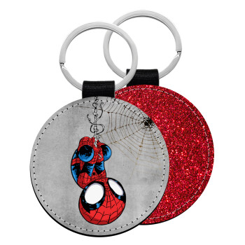 Spiderman upside down, Μπρελόκ Δερματίνη, στρογγυλό ΚΟΚΚΙΝΟ (5cm)