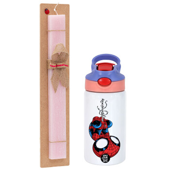 Spiderman upside down, Πασχαλινή Λαμπάδα με Παιδικό παγούρι θερμό, ανοξείδωτο, με καλαμάκι ασφαλείας, ροζ/μωβ (350ml) & κερί αρωματικό πλακέ (30cm) (ΡΟΖ)