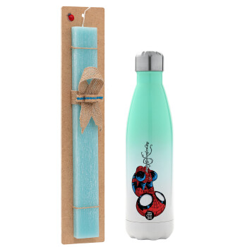 Spiderman upside down, Easter Set, Metallic green/white thermos (Stainless steel), double-walled, 500ml & scented flat Easter candle (30cm) (TURQUOISE)