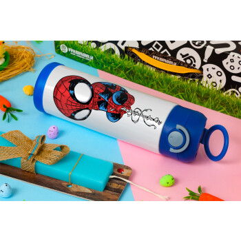 Spiderman upside down, Πασχαλινή Λαμπάδα με Παιδικό παγούρι θερμό, ανοξείδωτο, με καλαμάκι ασφαλείας, ΜΠΛΕ (500ml)