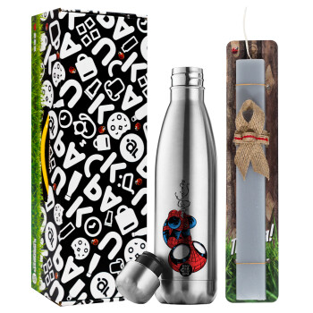 Spiderman upside down, Easter Set, metallic stainless thermos flask (500ml) & scented flat Easter candle (30cm) (GRAY)