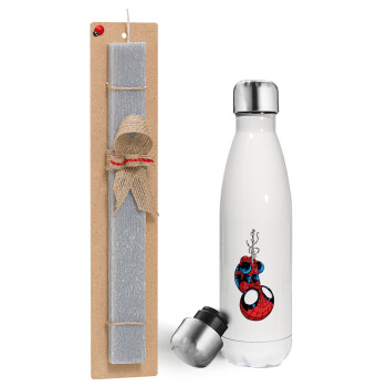 Spiderman upside down, Πασχαλινή λαμπάδα, μεταλλικό παγούρι θερμός λευκός (500ml) & λαμπάδα αρωματική πλακέ (30cm) (ΓΚΡΙ)
