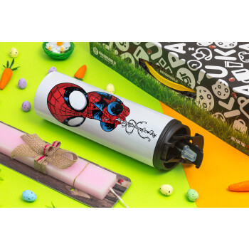 Spiderman upside down, Πασχαλινή Λαμπάδα με Travel Tumbler θερμό με διπλό καπάκι (600ml, BPA free) & κερί αρωματικό πλακέ (30cm) (ΡΟΖ)