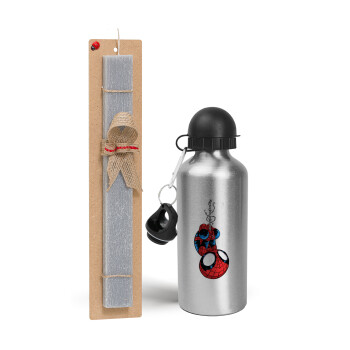 Spiderman upside down, Πασχαλινό Σετ, παγούρι μεταλλικό Ασημένιο αλουμινίου (500ml) & πασχαλινή λαμπάδα αρωματική πλακέ (30cm) (ΓΚΡΙ)