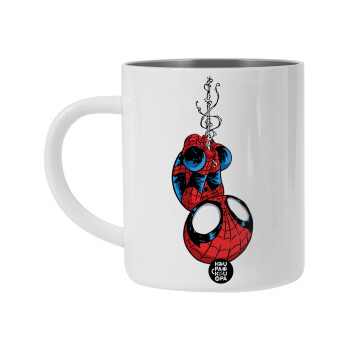 Spiderman upside down, Λευκή Ανοξείδωτη Μεταλλική Κούπα 450ml - Διπλού Τοιχώματος 