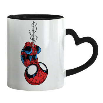 Spiderman upside down, Mug heart black handle, ceramic, 330ml