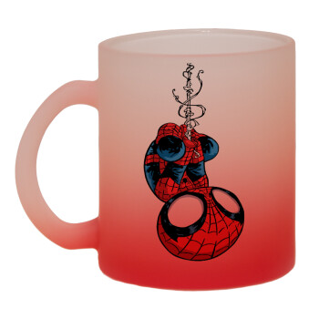 Spiderman upside down, Κούπα γυάλινη δίχρωμη με βάση το κόκκινο ματ, 330ml