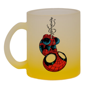 Spiderman upside down, Κούπα γυάλινη δίχρωμη με βάση το κίτρινο ματ, 330ml