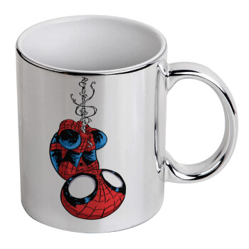 Spiderman upside down, Κούπα κεραμική, ασημένια καθρέπτης, 330ml