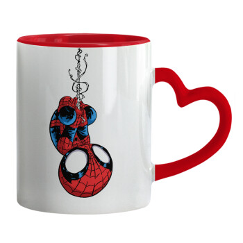 Spiderman upside down, Κούπα καρδιά χερούλι κόκκινη, κεραμική, 330ml