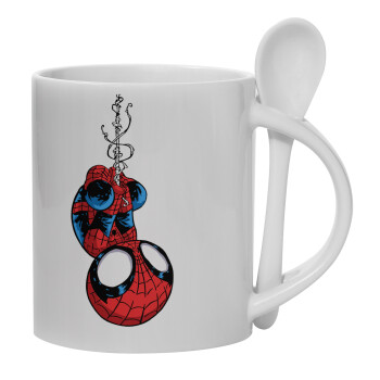 Spiderman upside down, Ceramic coffee mug with Spoon, 330ml (1pcs)