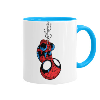 Spiderman upside down, Κούπα χρωματιστή γαλάζια, κεραμική, 330ml