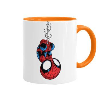 Spiderman upside down, Mug colored orange, ceramic, 330ml