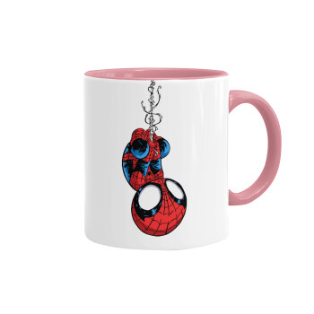 Spiderman upside down, Κούπα χρωματιστή ροζ, κεραμική, 330ml