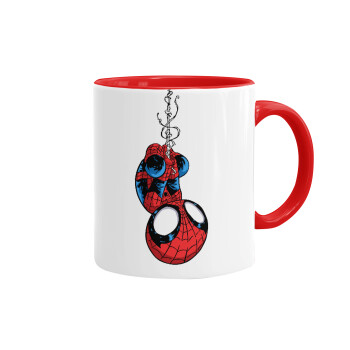 Spiderman upside down, Κούπα χρωματιστή κόκκινη, κεραμική, 330ml
