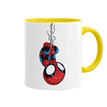 Spiderman upside down, Κούπα χρωματιστή κίτρινη, κεραμική, 330ml