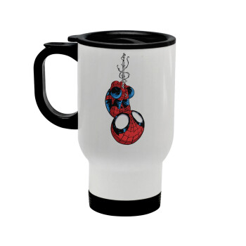 Spiderman upside down, Κούπα ταξιδιού ανοξείδωτη με καπάκι, διπλού τοιχώματος (θερμό) λευκή 450ml