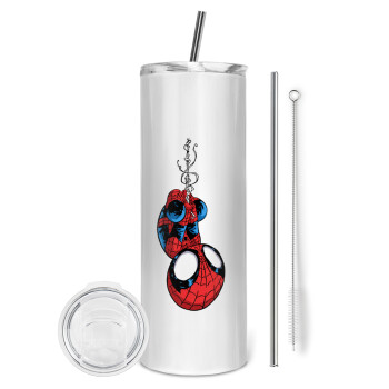 Spiderman upside down, Eco friendly ποτήρι θερμό (tumbler) από ανοξείδωτο ατσάλι 600ml, με μεταλλικό καλαμάκι & βούρτσα καθαρισμού