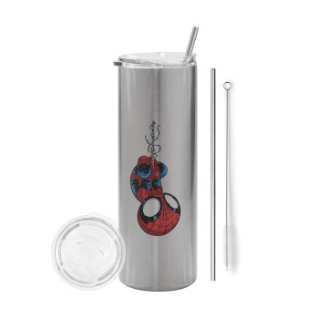 Spiderman upside down, Eco friendly ποτήρι θερμό Ασημένιο (tumbler) από ανοξείδωτο ατσάλι 600ml, με μεταλλικό καλαμάκι & βούρτσα καθαρισμού