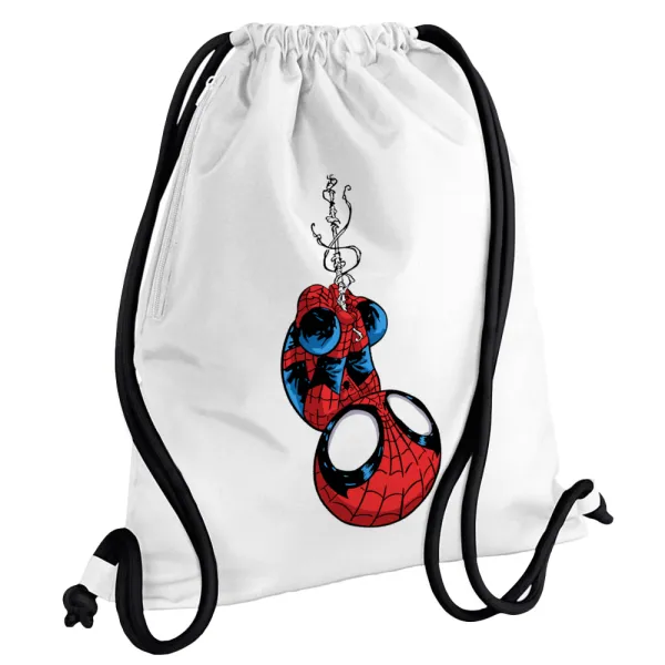 Spiderman upside down — Τσάντα πλάτης πουγκί GYMBAG λευκή, με τσέπη (40x48cm) & χονδρά κορδόνια