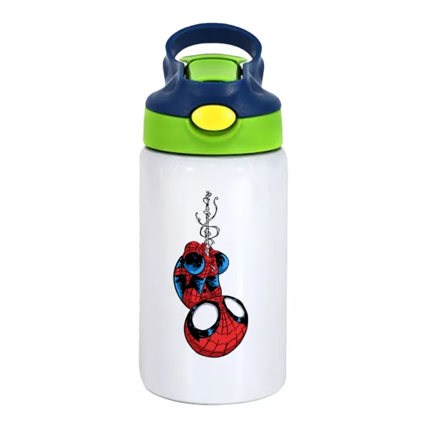 Spiderman upside down — Children's hot water bottle, stainless steel, with safety straw, green, blue (350ml)