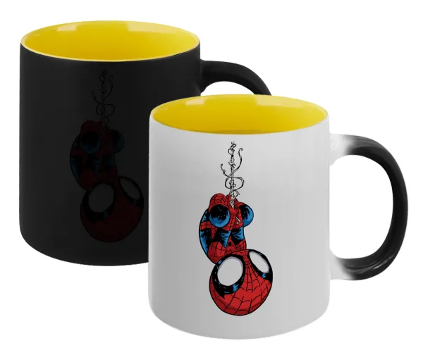 Spiderman upside down — Κούπα Μαγική εσωτερικό κίτρινη, κεραμική 330ml που αλλάζει χρώμα με το ζεστό ρόφημα