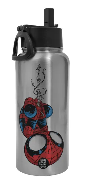 Spiderman upside down — Metal mug thermo Silver with Straw and Spout Lid (Stainless steel), double wall, 950ml