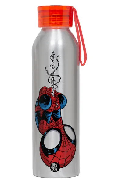 Spiderman upside down — Aluminum Sports Bottle 650ml – Silver with Red Cap and Silicone Strap