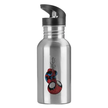 Spiderman upside down, Water bottle Silver with straw, stainless steel 600ml