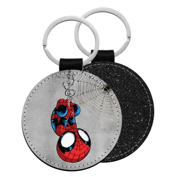 Spiderman upside down, Μπρελόκ Δερματίνη, στρογγυλό ΜΑΥΡΟ (5cm)