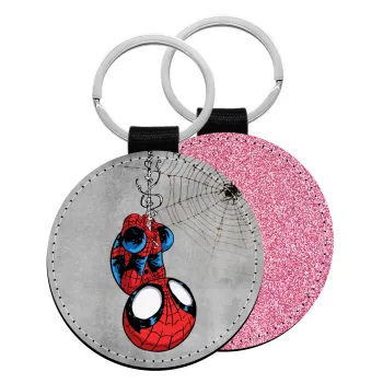Spiderman upside down, Μπρελόκ Δερματίνη, στρογγυλό ΡΟΖ (5cm)