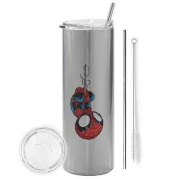 Spiderman upside down, Tumbler ποτήρι θερμό Ασημένιο από ανοξείδωτο ατσάλι 600ml, με μεταλλικό καλαμάκι & βούρτσα καθαρισμού