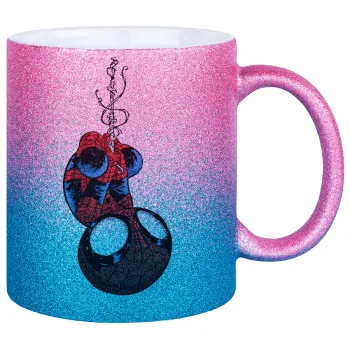 Spiderman upside down, Κούπα Χρυσή/Μπλε Glitter, κεραμική, 330ml