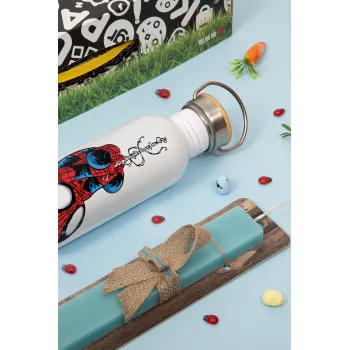 Spiderman upside down, Πασχαλινή Λαμπάδα με παγούρι μεταλλικό (620ml, stainless steel) & κερί αρωματικό πλακέ (30cm) (ΤΙΡΚΟΥΑΖ)