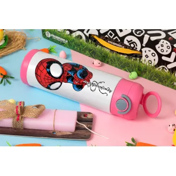Spiderman upside down, Easter candle, Childrens hot water bottle, stainless steel, with safety straw, PINK (500ml)