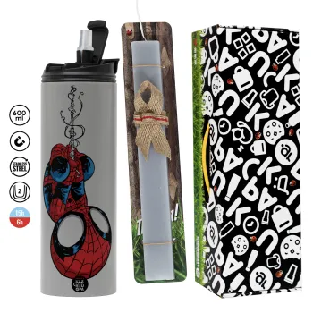 Spiderman upside down, Πασχαλινή Λαμπάδα με Travel Tumbler θερμό (600ml, BPA free) & κερί αρωματικό πλακέ (30cm) (ΓΚΡΙ)