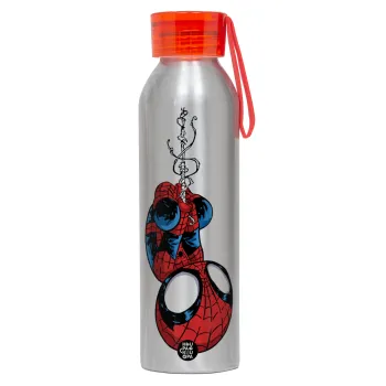 Spiderman upside down, Αλουμινένιο Αθλητικό Μπουκάλι 650ml – Ασημί με Κόκκινο Καπάκι και Λουράκι Σιλικόνης