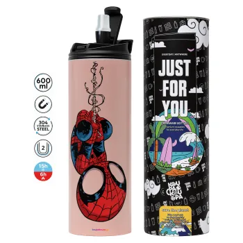 Spiderman upside down, Tumbler ποτήρι θερμό ΡΟΖ από ανοξείδωτο ατσάλι 600ml