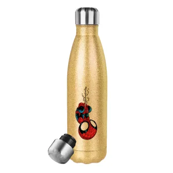 Spiderman upside down, Glitter gold stainless steel thermos bottle, double-walled, 500ml
